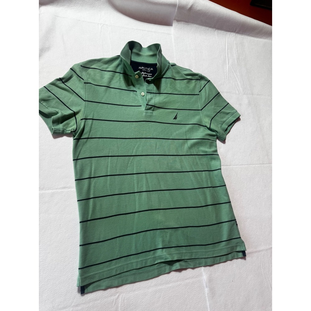 Nautica Mens Performance Deck Shirt Medium Green Striped Classic Fit Polo M